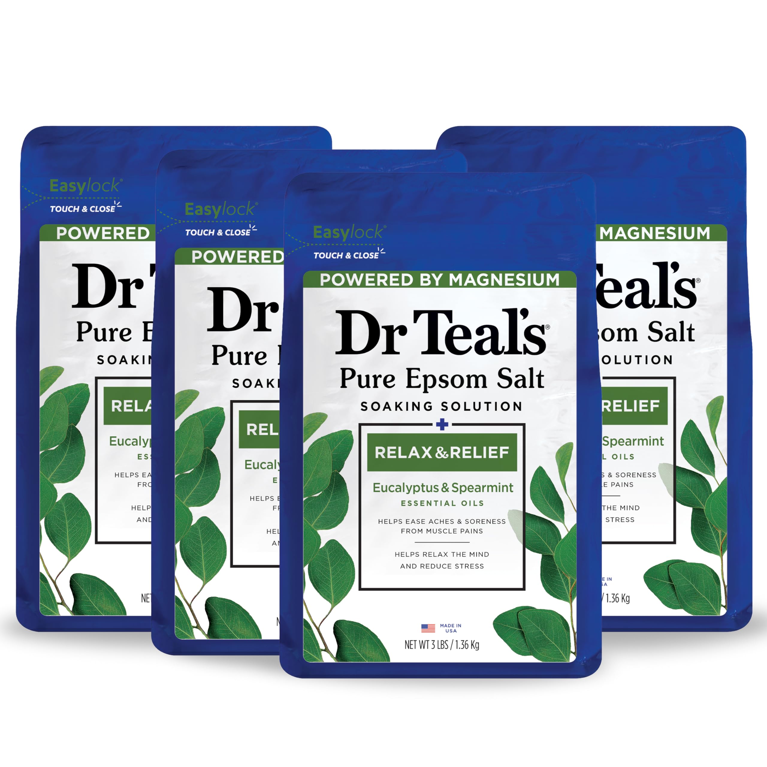 Dr Teal's Epsom Magnesium Salt Soak, Relax & Relief with Eucalyptus and Spearmint, 3 lbs (Pack of 4)